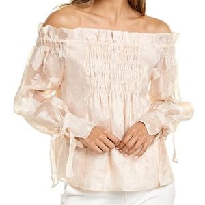 Rebecca Taylor Pale Blush Off-Shoulder Smocked Peasant Top